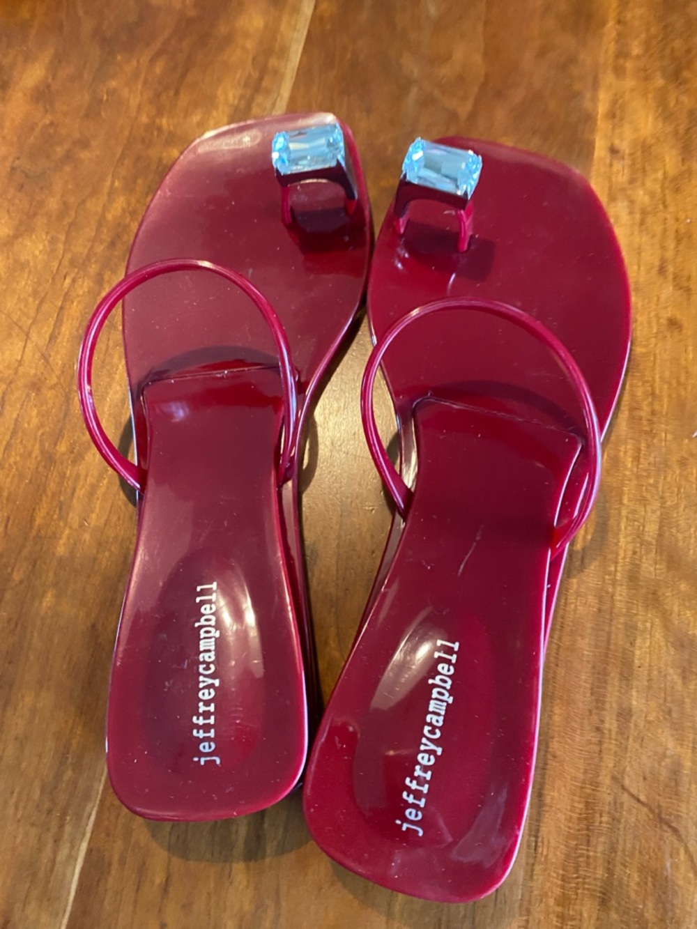 Jeffrey Campbell Red Jelly Toe-Ring Sandals with Clear Gem toe ring